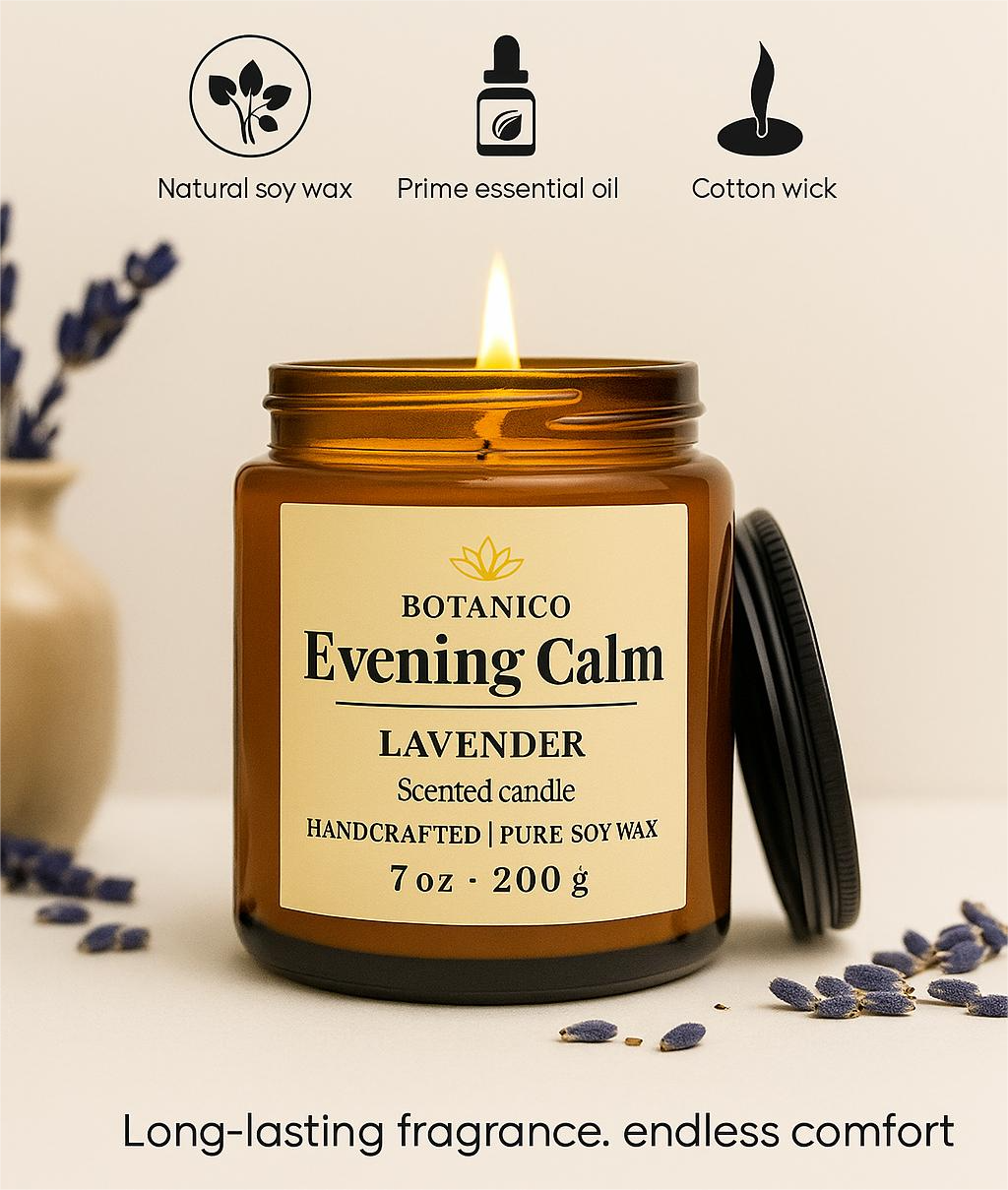 Botanico Evening Calm Lavender Candle | Soy Wax | 200g | Long Lasting
