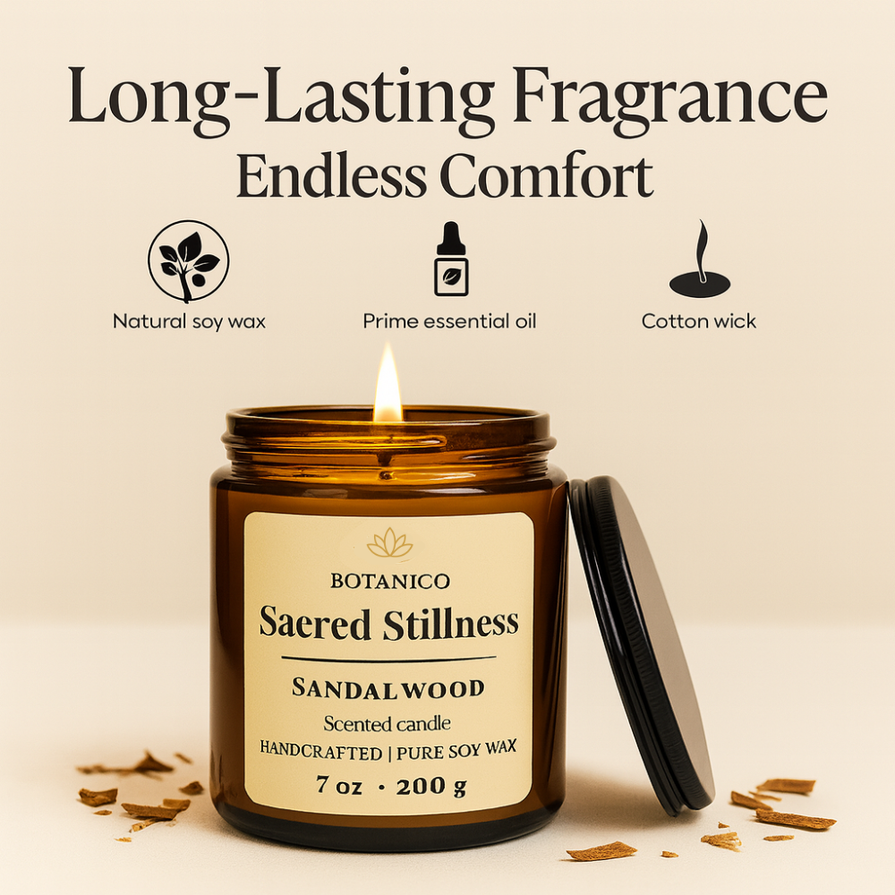 Botanico Sacred Stillness Sandalwood Soy Candle 200g | 50+ Hrs Burn | Aromatherapy Gift