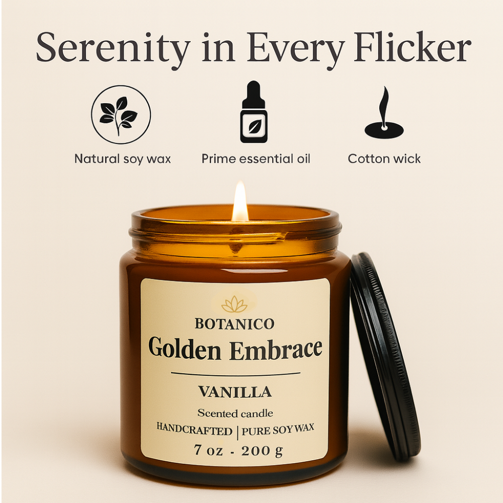 Botanico Golden Embrace Vanilla Soy Candle 200g | 50+ Hrs Burn | Luxury Gift